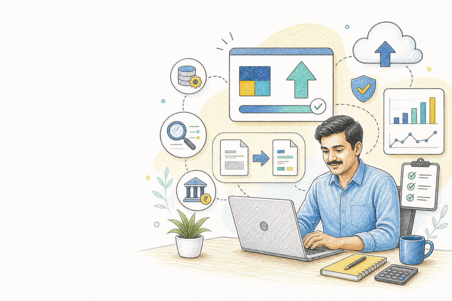 Business accounting workflow illustration for TallyPrime upgrade services